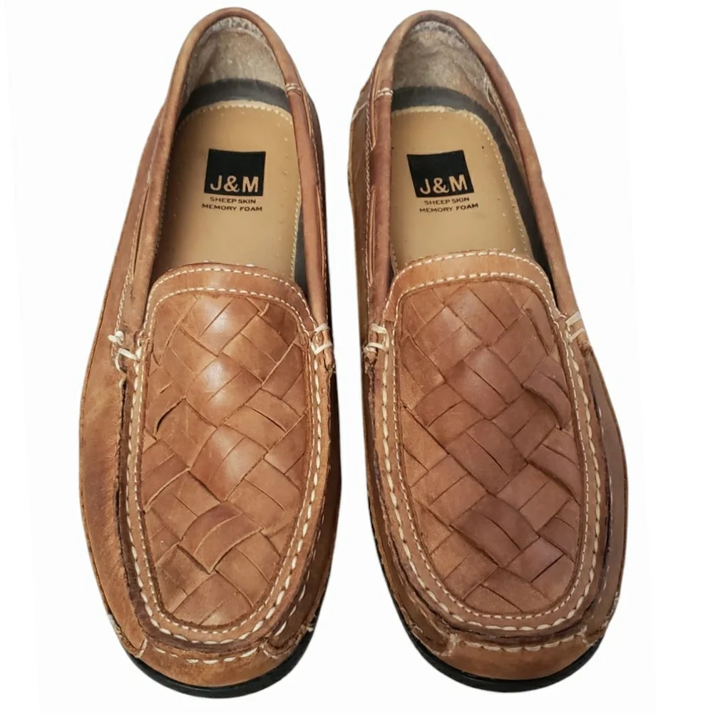 Johnston & Murphy J&M Men's 8.5 Brown Loafer Sheepskin Memory Foam Weaved Shoes